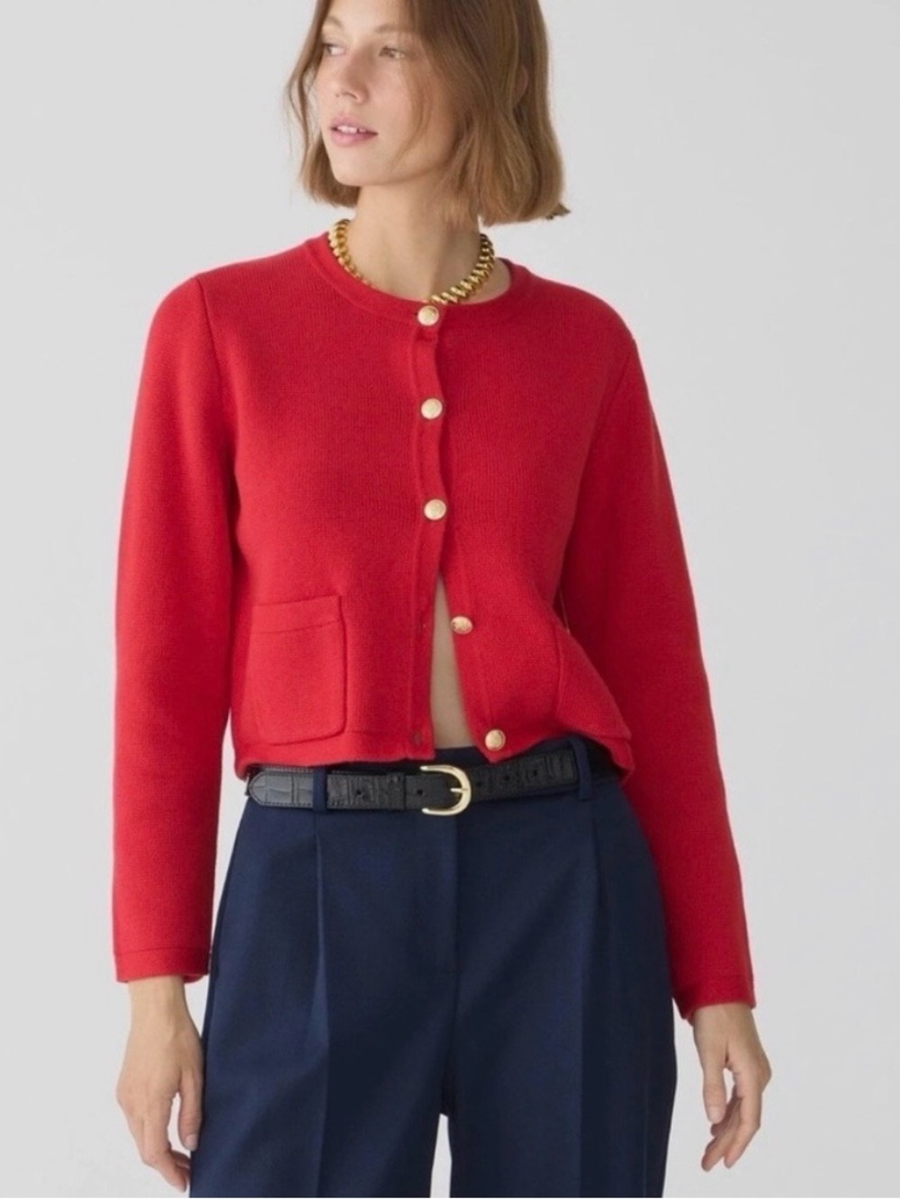 J. CREW Classic Red Emilie Holiday Cotton Knit Patch Pocket Sweater Cardigan